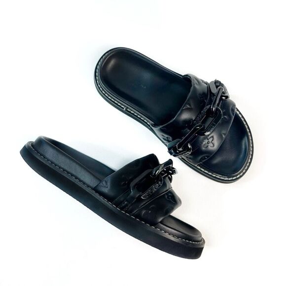 LOUIS VUITTON Sunset Flat Comfort Mule Slide Sandal Size 39 Black Monogram - Picture 1 of 15